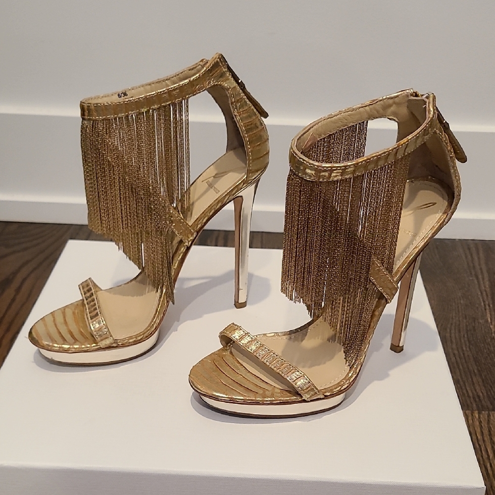 Brian Atwood Gold Fringe Heels